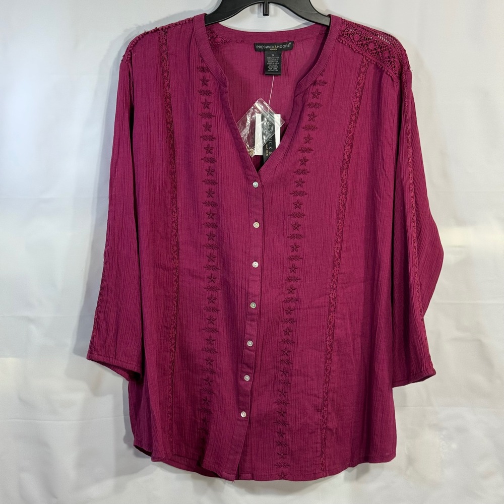 Preswick & Moore Women 1X Burgundy Cotton Gauze Embroidered Lace Button Top NWT - Picture 3 of 10